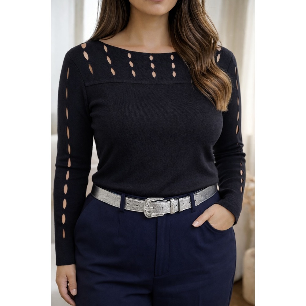Cyrus Black Cutout Knit Sweater‎ Women's Small Rayon Nylon Long Sleeve Stretch
